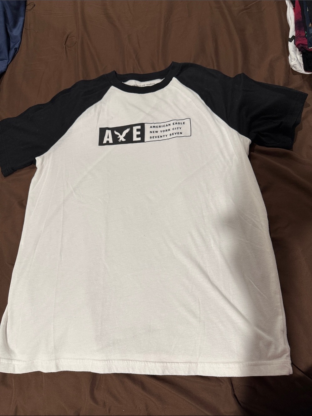 American Eagle Outfitters White Tee with Black Raglan Sleeves